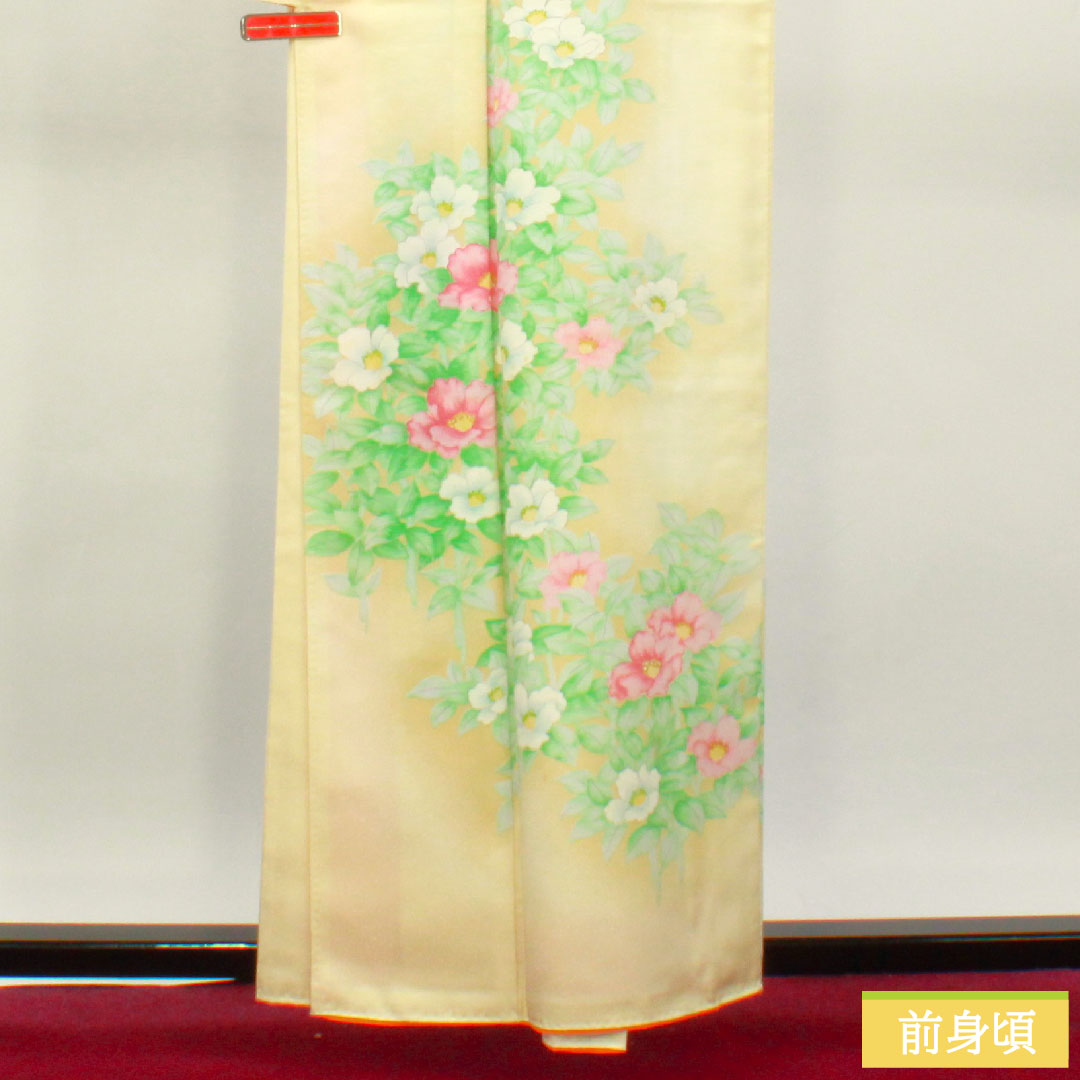 訪問着 ポリエステル 袷 身丈159.5cm 裄丈65cm 鳥の子色（とりのこいろ） 洗える着物 草花模様 Aランク 黄系 1112004313323