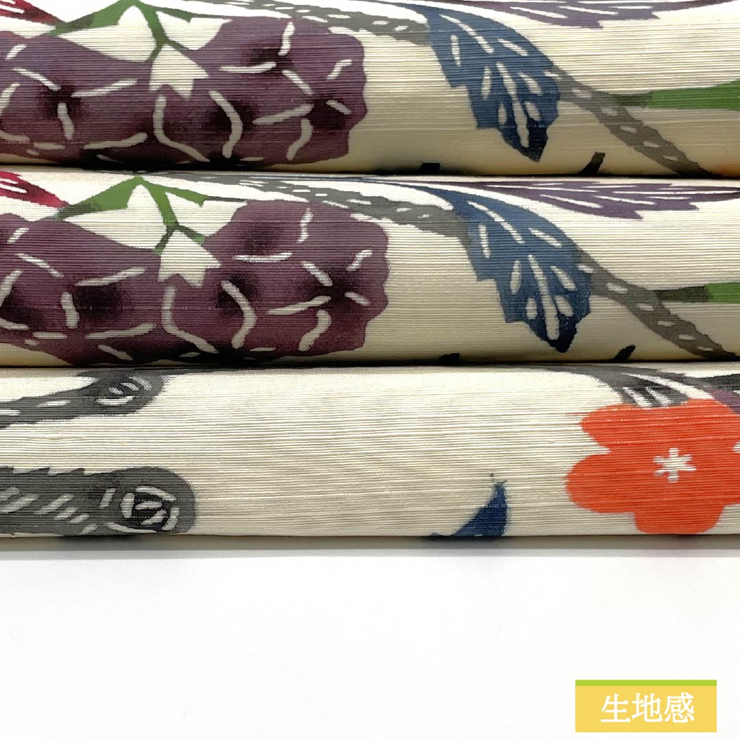 名古屋帯 中紅花色（なかのくれないいろ） 京紅型 紬地 紅型調模様 帯丈359cm 正絹 Aランク 六通 カジュアル クリーム系 1124007333315 名古屋仕立て