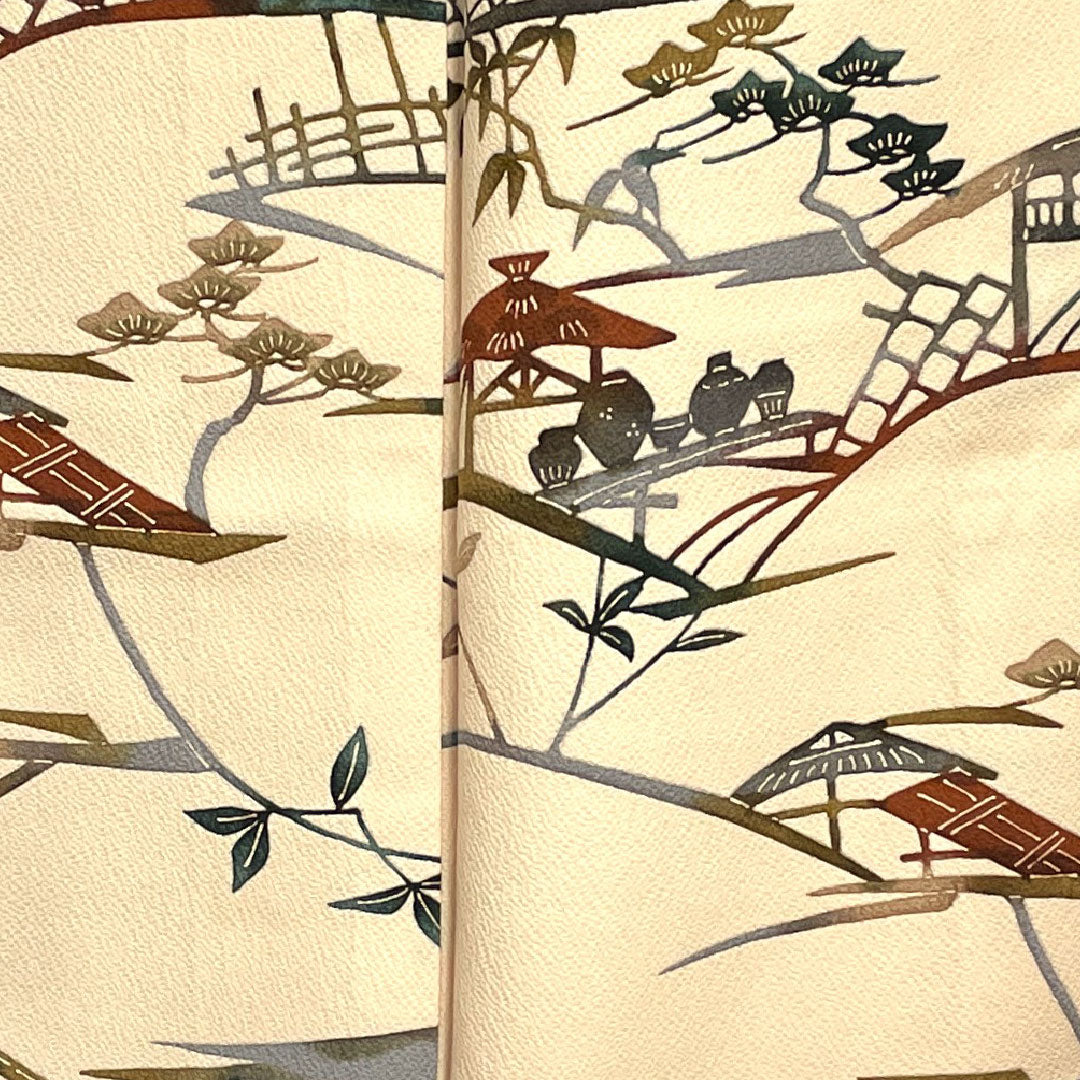 小紋 身丈165.5cm 裄丈66cm 袷  洗柿色 型染 風景模様  正絹 Aランク ピンク系 1115002093513