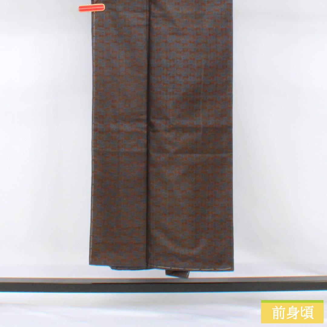 紬 正絹 Sランク 身丈148cm 裄丈63.5cm 憲法茶色（けんぽうちゃいろ） 市松 しつけ糸付き 袷 茶系 1116004802114