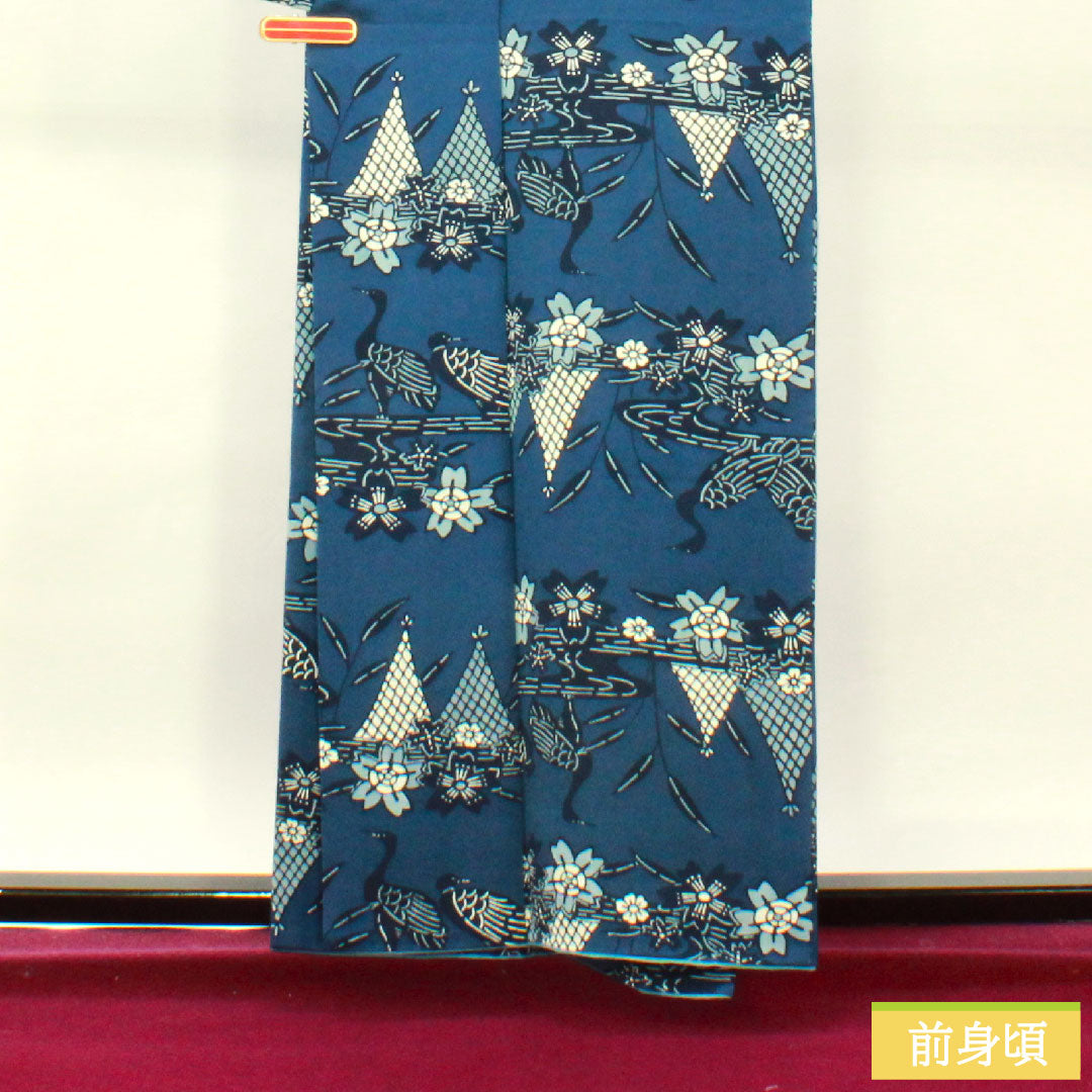 小紋 正絹 身丈158.5cm 裄丈65cm 袷 紺桔梗色（こんききょういろ） 京紅型 白鳥 桜 流水 Sランク 紺系 1115004182318