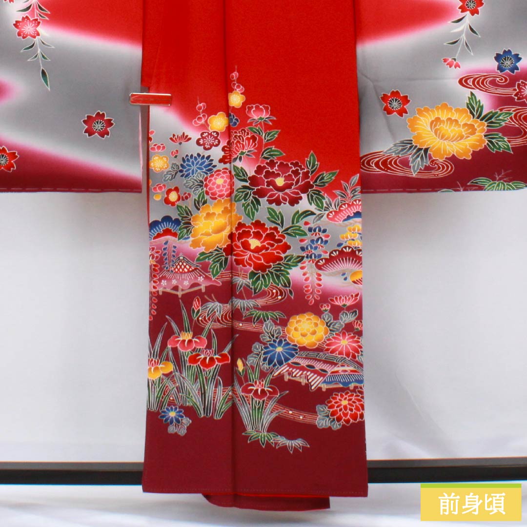 振袖 正絹 Sランク 身丈157.5cm 裄丈65.5cm 袷 紅赤色（べにあかいろ） 京紅型 吉祥文様 松 桜 赤系 1113002312312