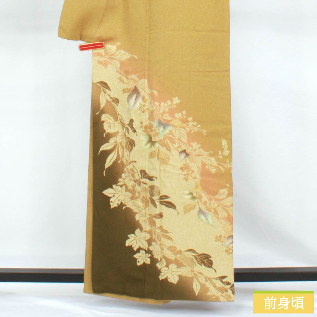 Homongi Silk S-rank Awa Length 159cm Sleeve-to-shoulder 67cm Umeya Shibuiro (Plum & Astringent Color) Tsukesage Kyo-Yuzen Makiro Chirimen Artisan piece Floral Yellow 1112007652323