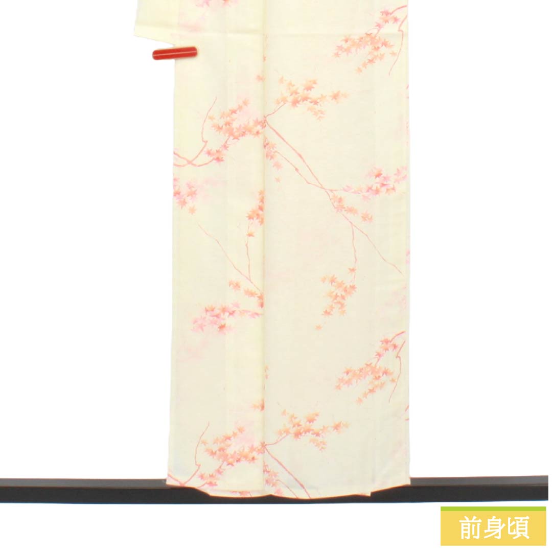夏物 ポリエステル 小紋 Aランク 身丈154cm 裄丈62.5cm 乳白色（にゅうはくしょく） 紅葉 洗える着物 絽 クリーム系 1132005343215