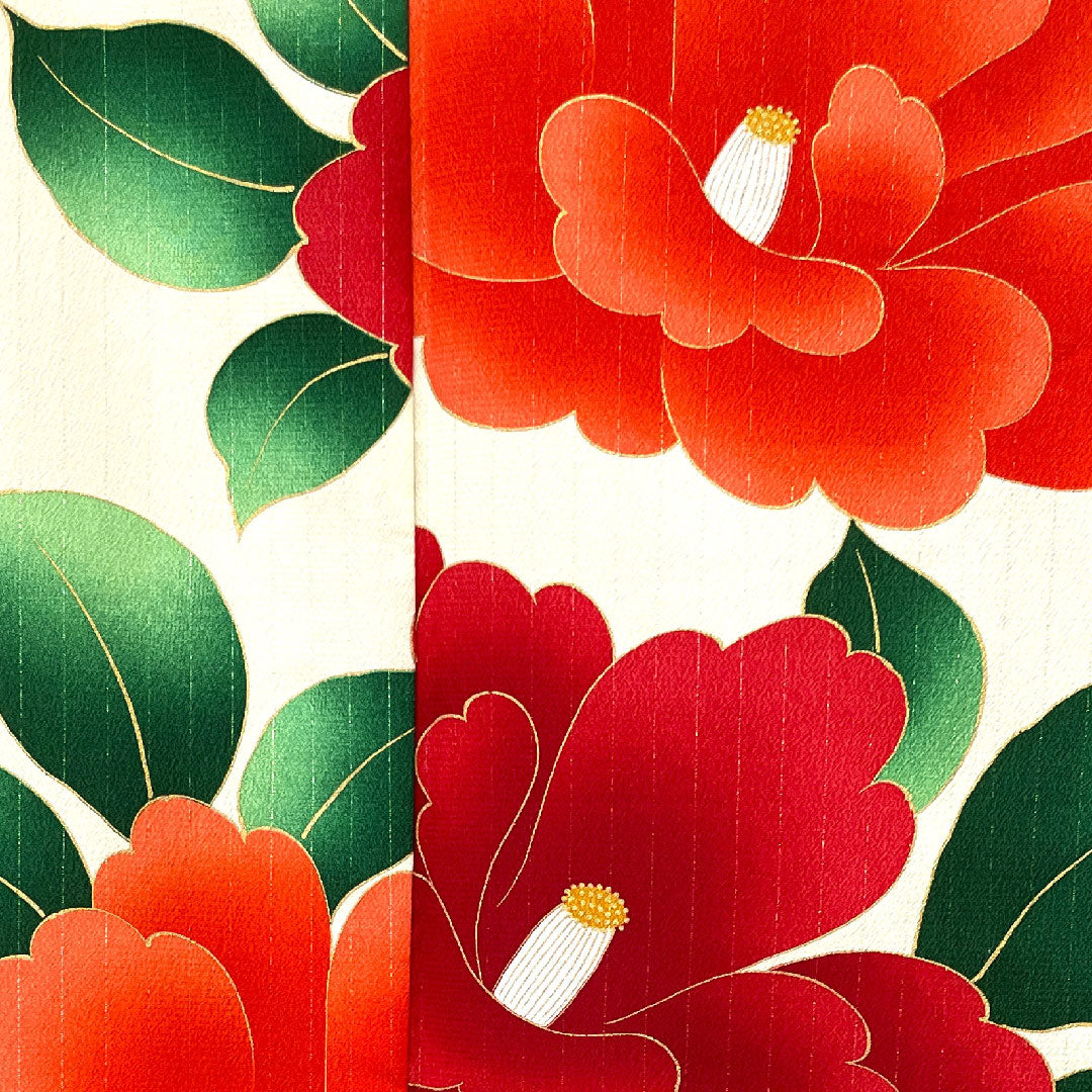 振袖 身丈170.5cm 裄丈67.5cm 袷  象牙色 洗える着物 椿  ポリ Sランク クリーム系 1113001272615