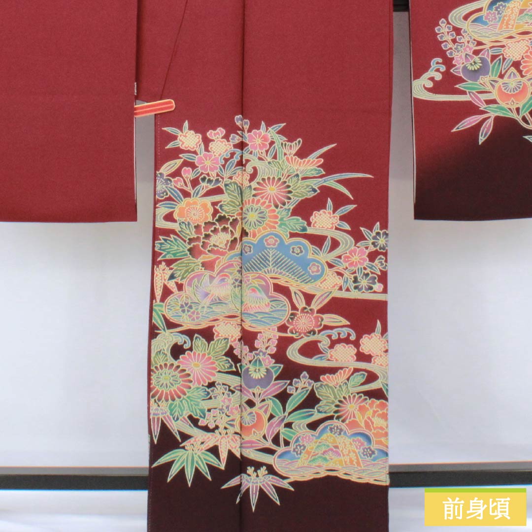 振袖 正絹 Sランク 身丈164cm 裄丈67cm 袷 臙脂色（えんじいろ） 京紅型 吉祥文様 ちりめん地 パールトーン加工 赤系 1113002492412