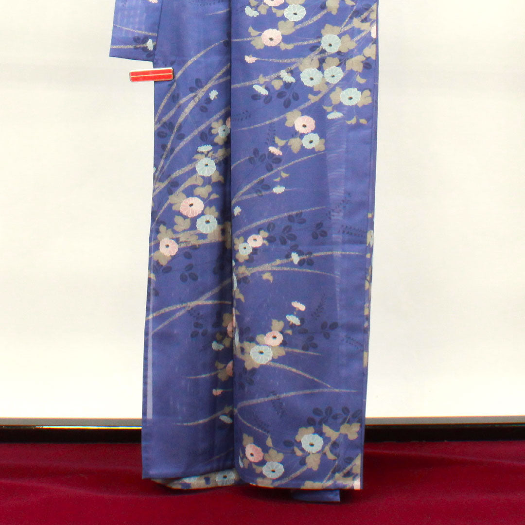 夏物 ポリエステル 小紋 身丈164cm 裄丈64cm 紺藤色（こんふじいろ） 菊 萩 洗える着物 絽 Sランク 青系 1132001742417