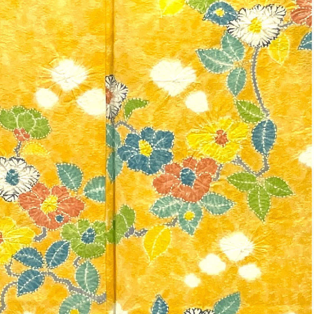 小紋 身丈159cm 裄丈63cm 袷  絞り 草花模様  正絹 Bランク 黄系 1115001924323