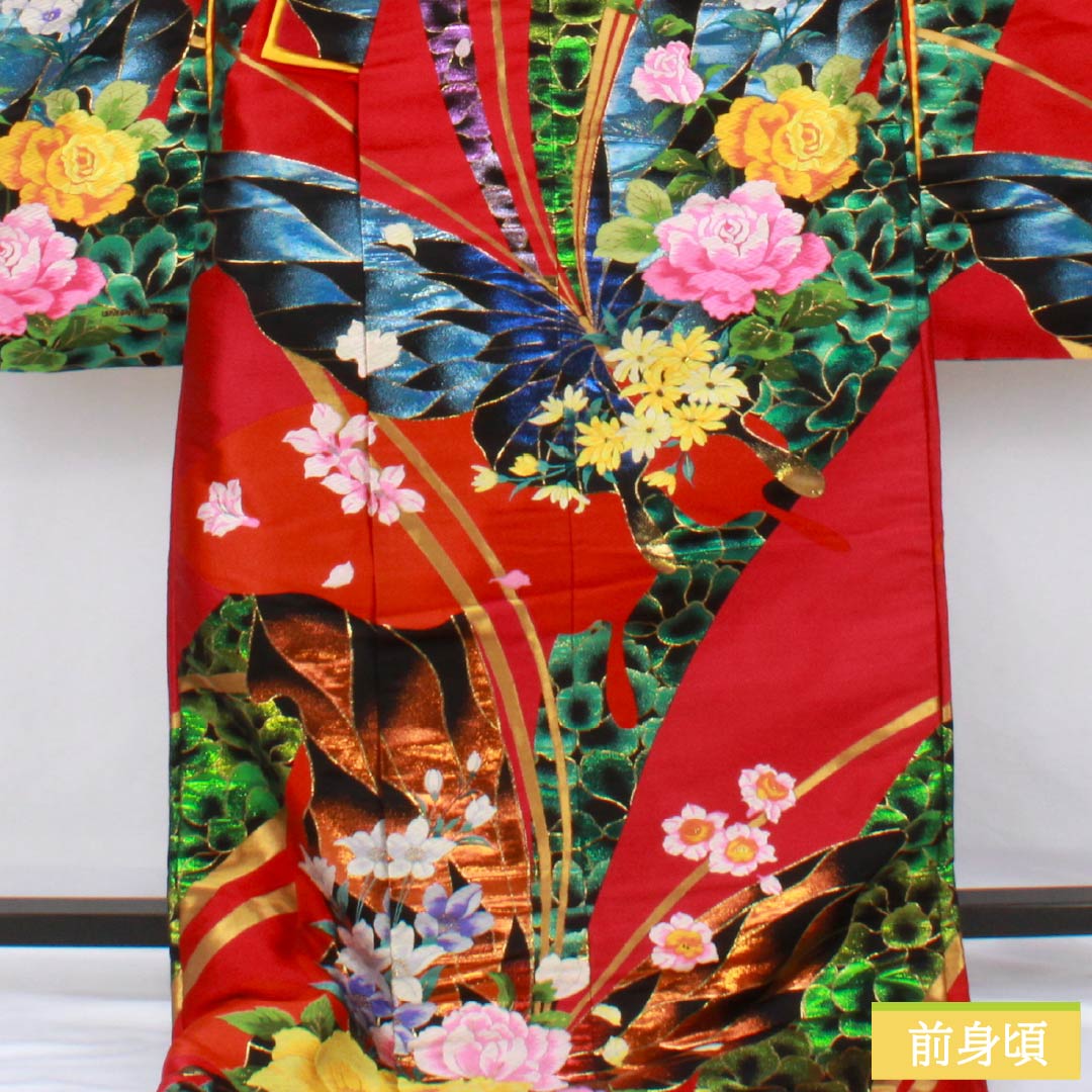 ＊アンティーク＊貴重な訪問着　正絹　袷　薔薇柄　朱色　裄丈長い。身幅広い　美品＊ 小紋 着物 未使用 正絹 袷 京友禅 オールドライラック色 バラ