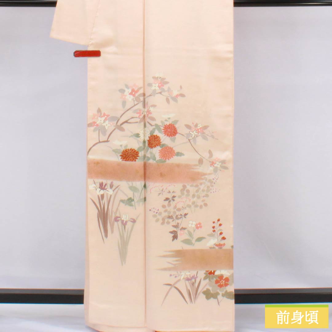 訪問着 正絹 Sランク 袷 身丈163.5cm 裄丈67cm 薄肉色（うすにくいろ） 京友禅 草木模様 しつけ糸付き 橙系 1112006672426