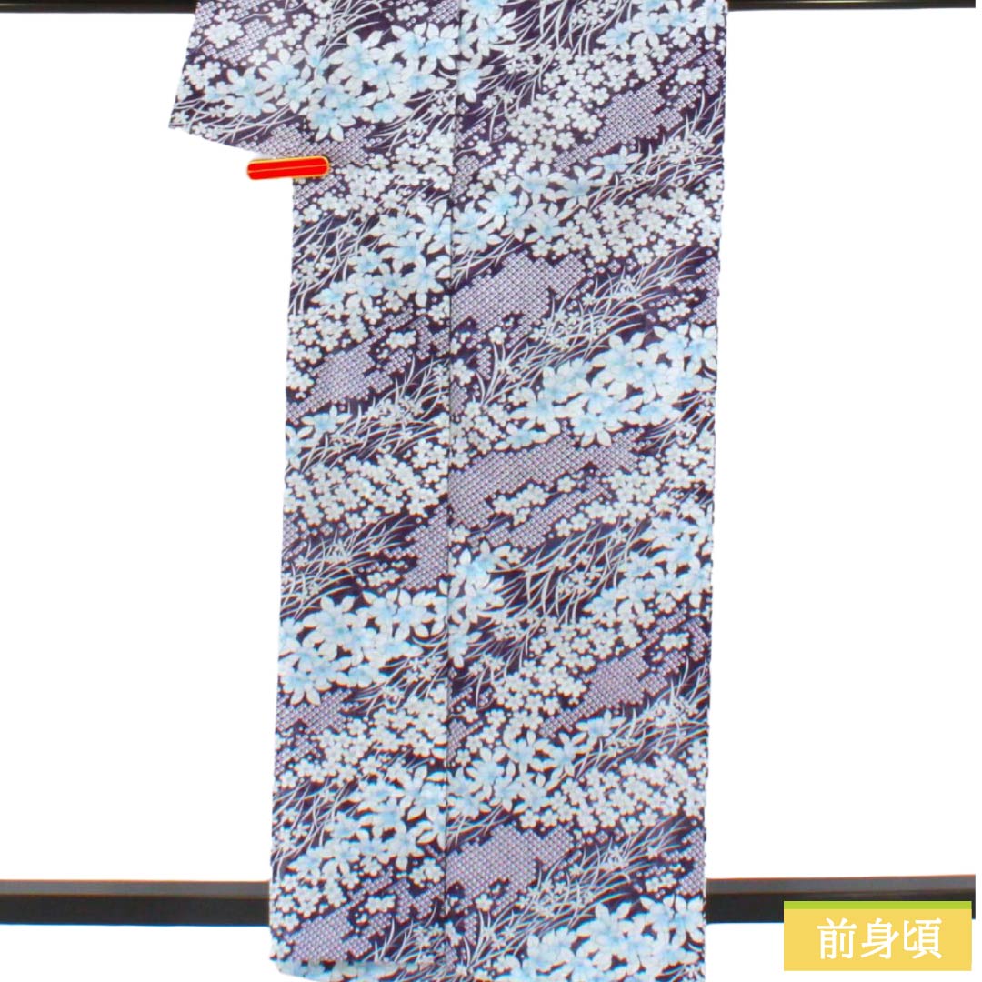 夏物 ポリエステル 小紋 Sランク 身丈161.5cm 裄丈64cm 紫褐色（しかっしょく） 洗える着物 草花模様 絽 紫系 1132005952420