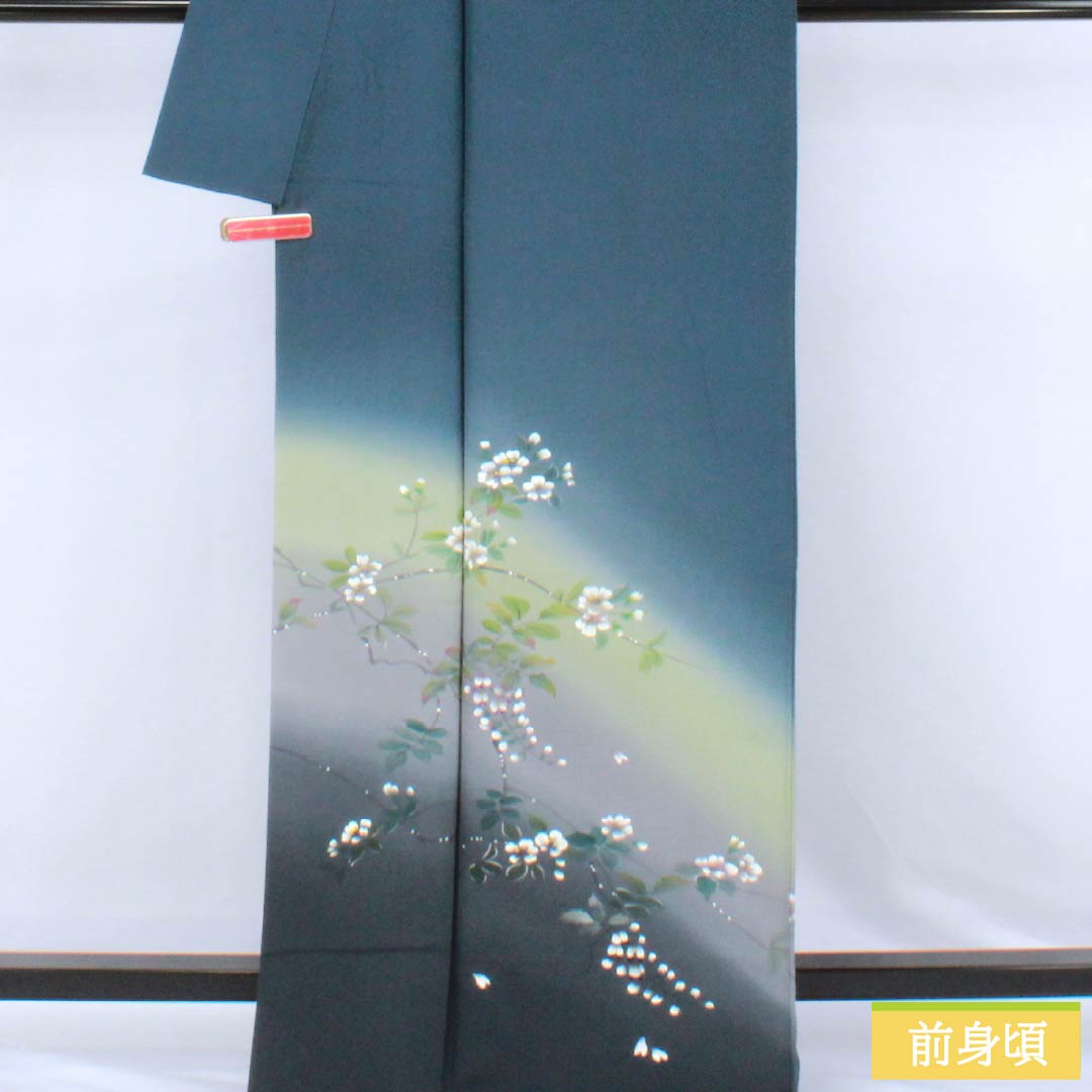 訪問着 正絹 Aランク 袷 身丈165.5cm 裄丈67cm 裏色（うらいろ） 京友禅 付下げ 草花 青系 1112006773517