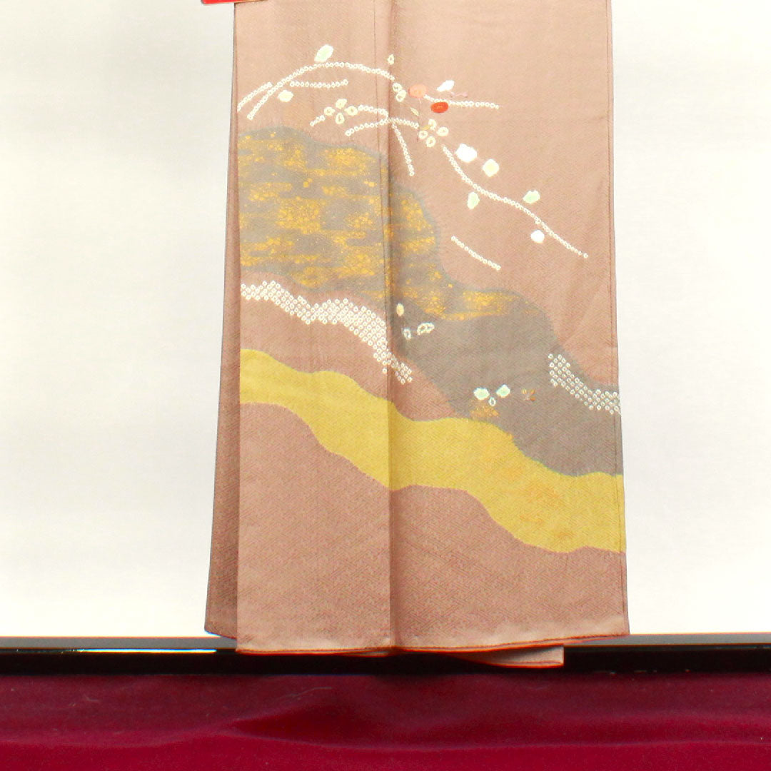 Homongi, lined, length 151.5cm, sleeve length 63cm, plum gray, tie-dye, abstract pattern, pure silk, A rank, brown, 1112002623214