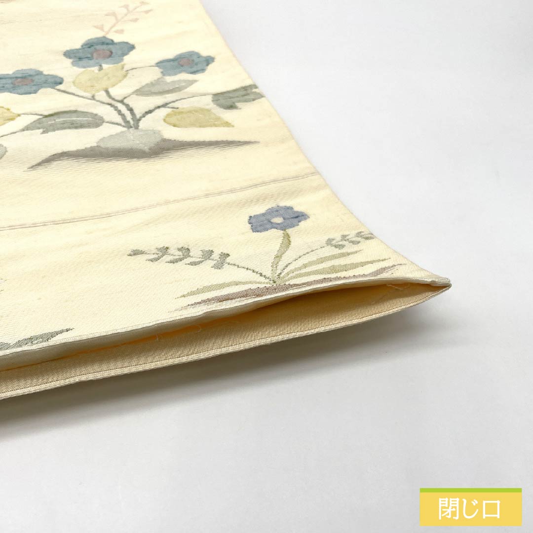 袋帯 正絹 Aランク 生成り色（きなりいろ） ふくれ織 紬地 草花模様 帯丈426cm 六通 カジュアル クリーム系 1123015303315