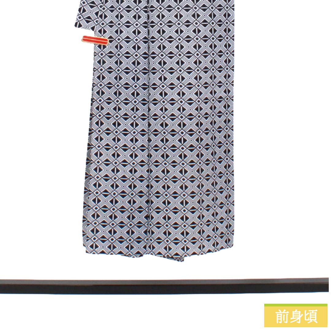 メンズ浴衣 木綿 Aランク 身丈144cm 裄丈66.5cm 濃紺色（のうこんいろ） 幾何学模様 単衣 紺系 1138000783418