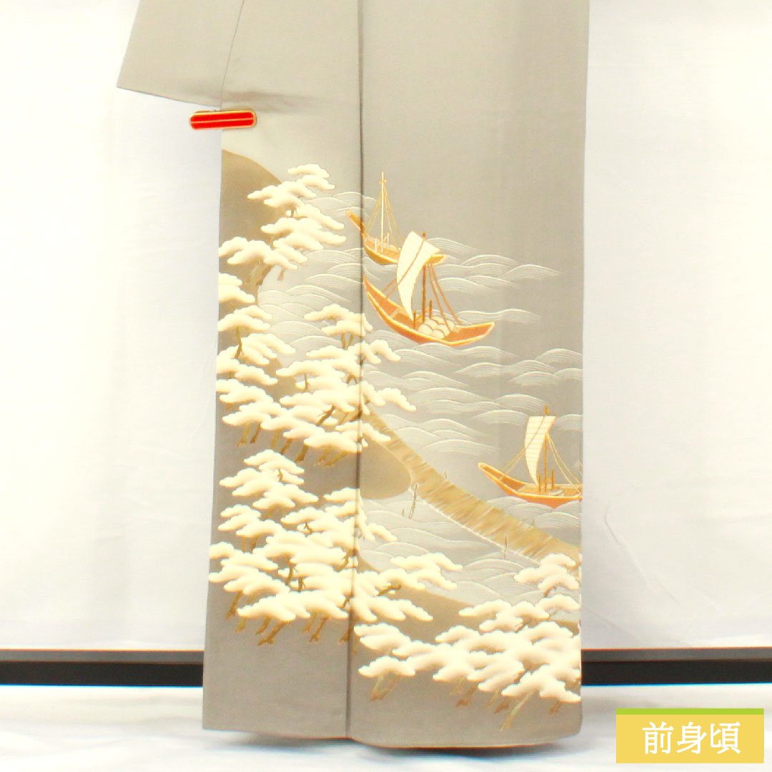 色留袖 正絹 身丈161cm 裄丈63cm 袷 薄鼠色（うすねずいろ） 京友禅 波 帆掛け船 一つ紋 五三桐 クイーンパール加工 Aランク グレー系 1111001433422