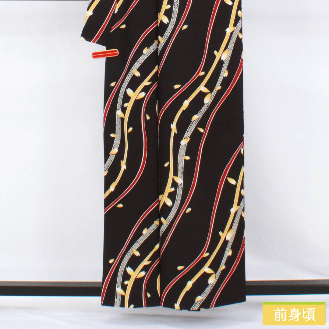 Komono Polyester S Rank, Length 157.5cm, Sleeve-to-sleeve 65.5cm, Unlined, Katazome, Curves, Flower Petals, Washable Kimono, Black-based, 1115007812310