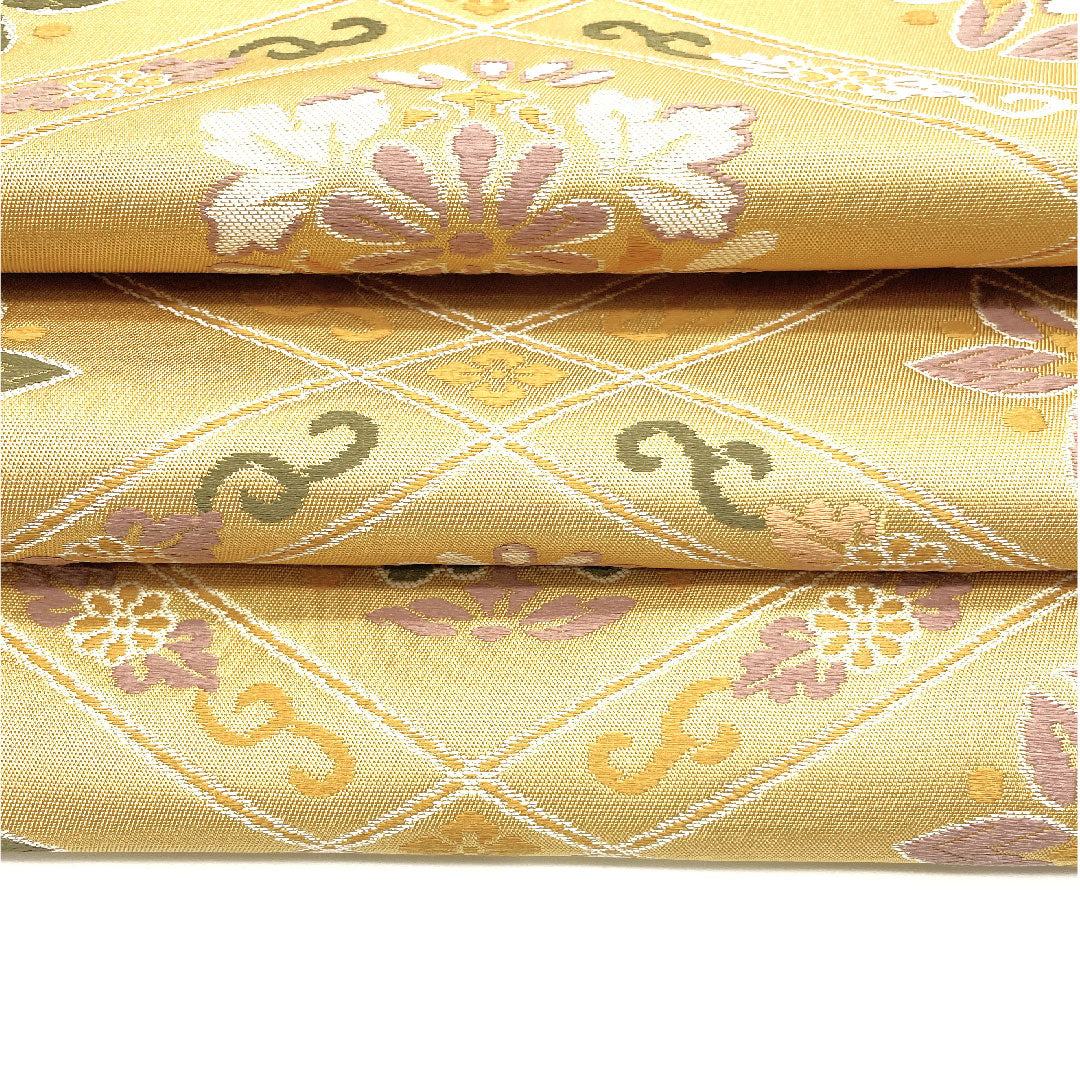 （未仕立）袋帯 花柄 菱 単衣 帯丈452cm 正絹 NEWランク 六通 セミフォーマル 黄系 1123002511423