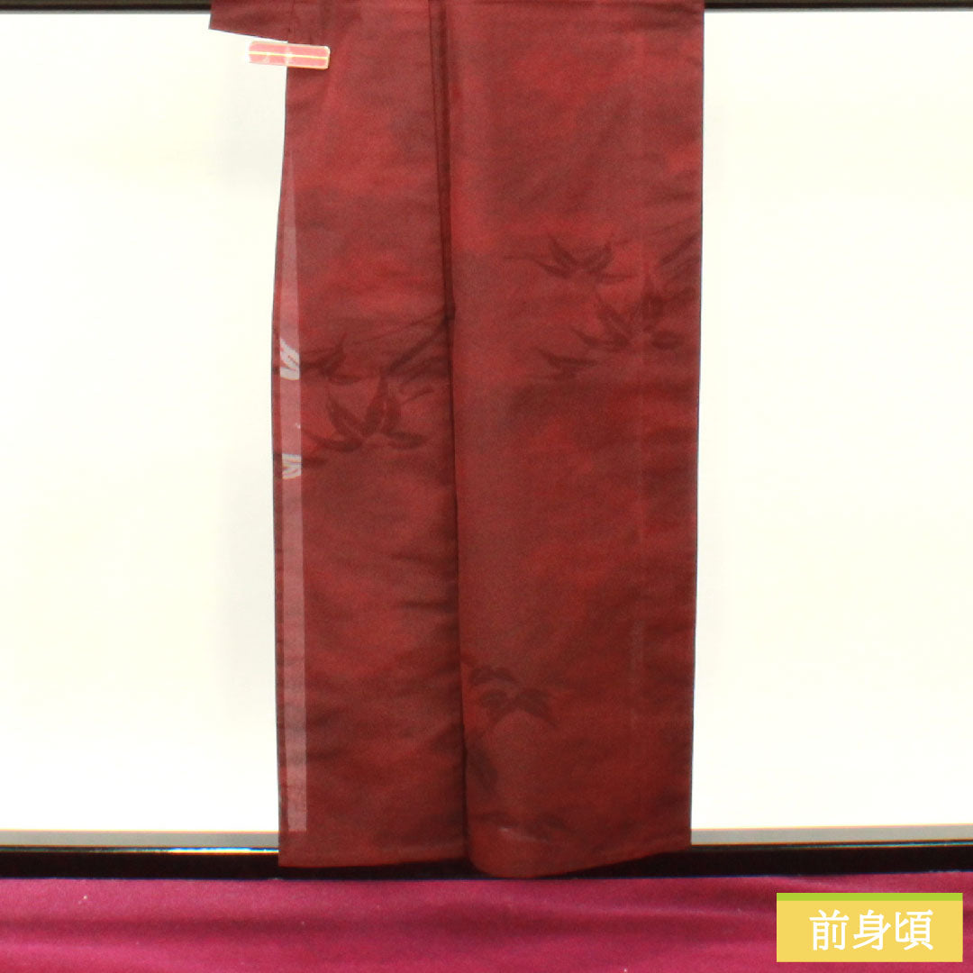 夏物 正絹 小紋 身丈156cm 裄丈62.5cm 暗紅色（あんこうしょく） 紋紗 笹 紗 Sランク 赤系 1132001902312