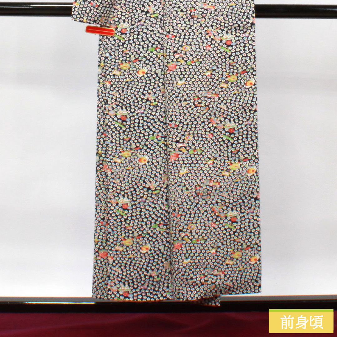 小紋 正絹 身丈152cm 裄丈60.5cm 袷  吉祥文様 しつけ糸付き 未使用品  Sランク 黒系 1115003822210