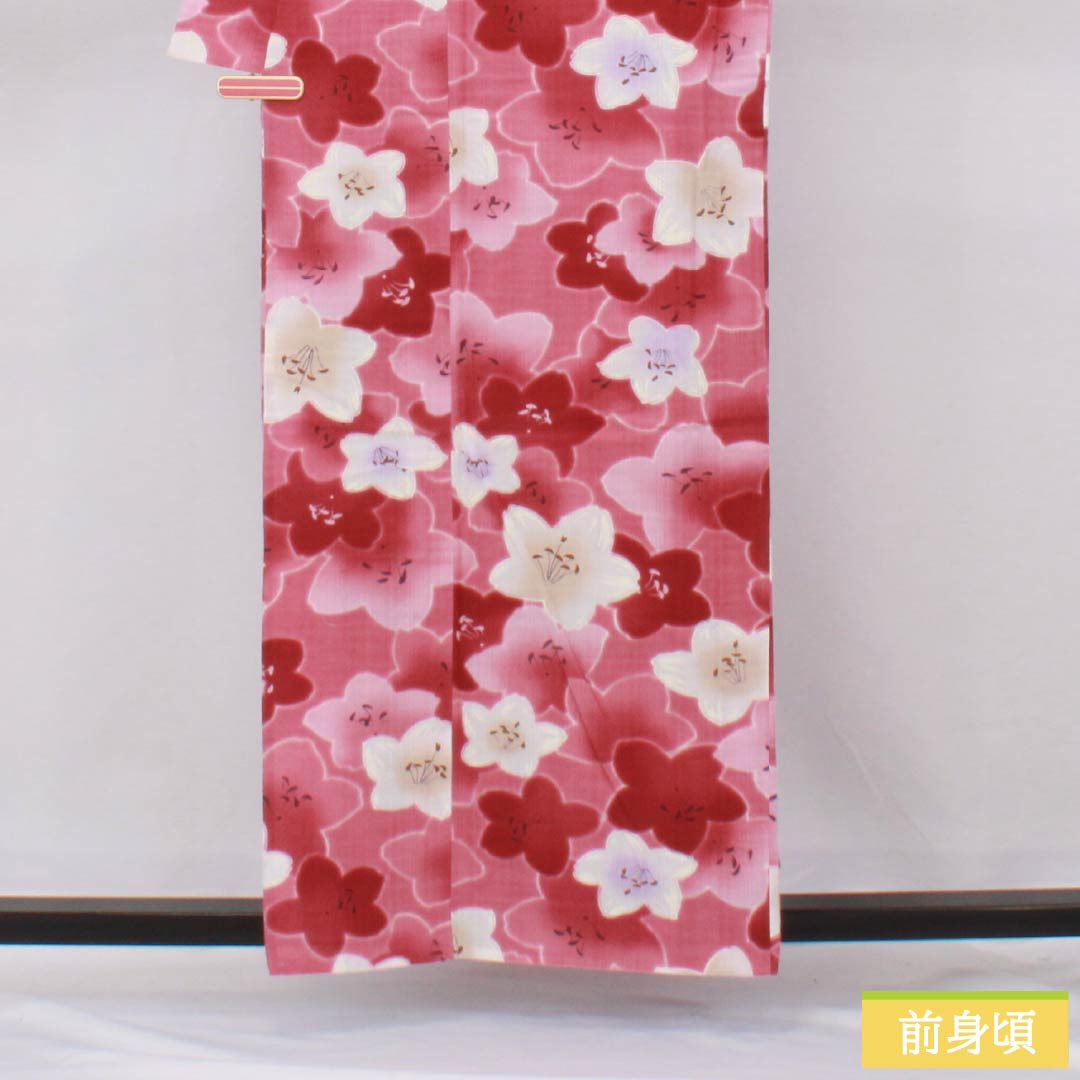 浴衣 木綿 身丈158.5cm 裄丈68.5cm Sランク 単衣 ピンク系 桃紅色（とうこうしょく） 花 1118006452313