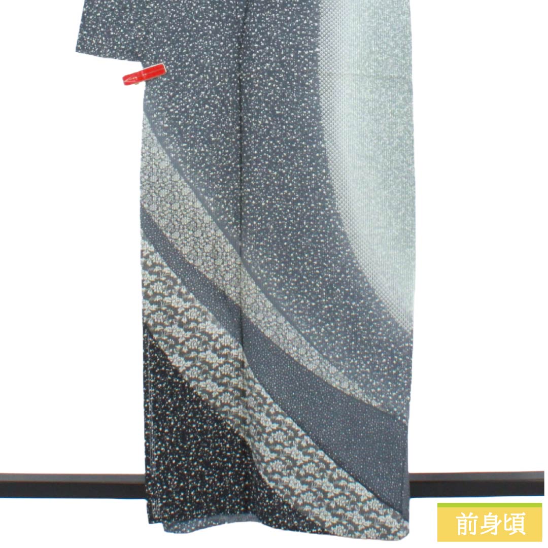 夏物 正絹 訪問着 Aランク 身丈161.5cm 裄丈66cm 浅葱鼠色（あさぎねずいろ） 竪絽 江戸小紋 タタキ染 絽 青系 1132005043417