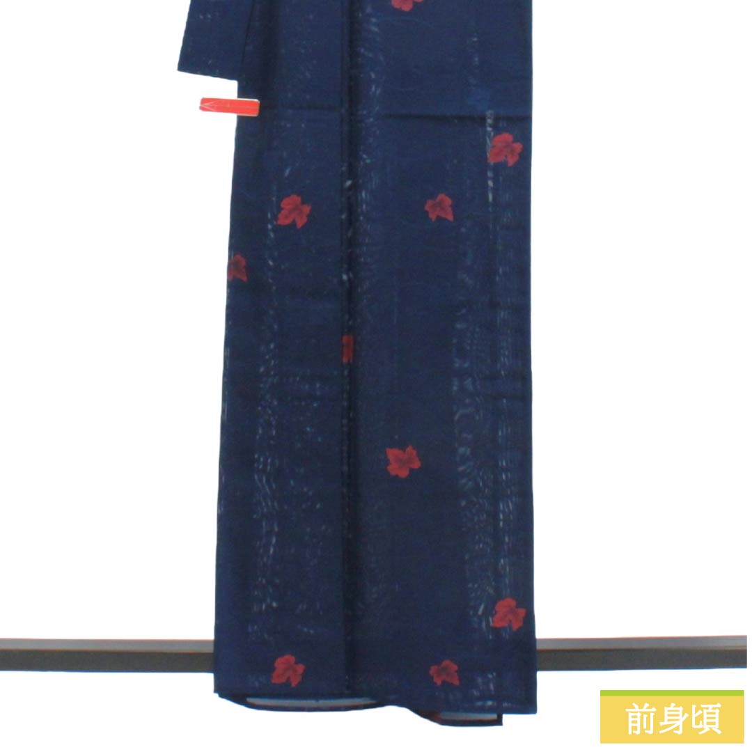 夏物 正絹 お召 Sランク 身丈161.5cm 裄丈64cm 紺色（こんいろ） 露芝 葉っぱ 紗 紺系 1132004342418