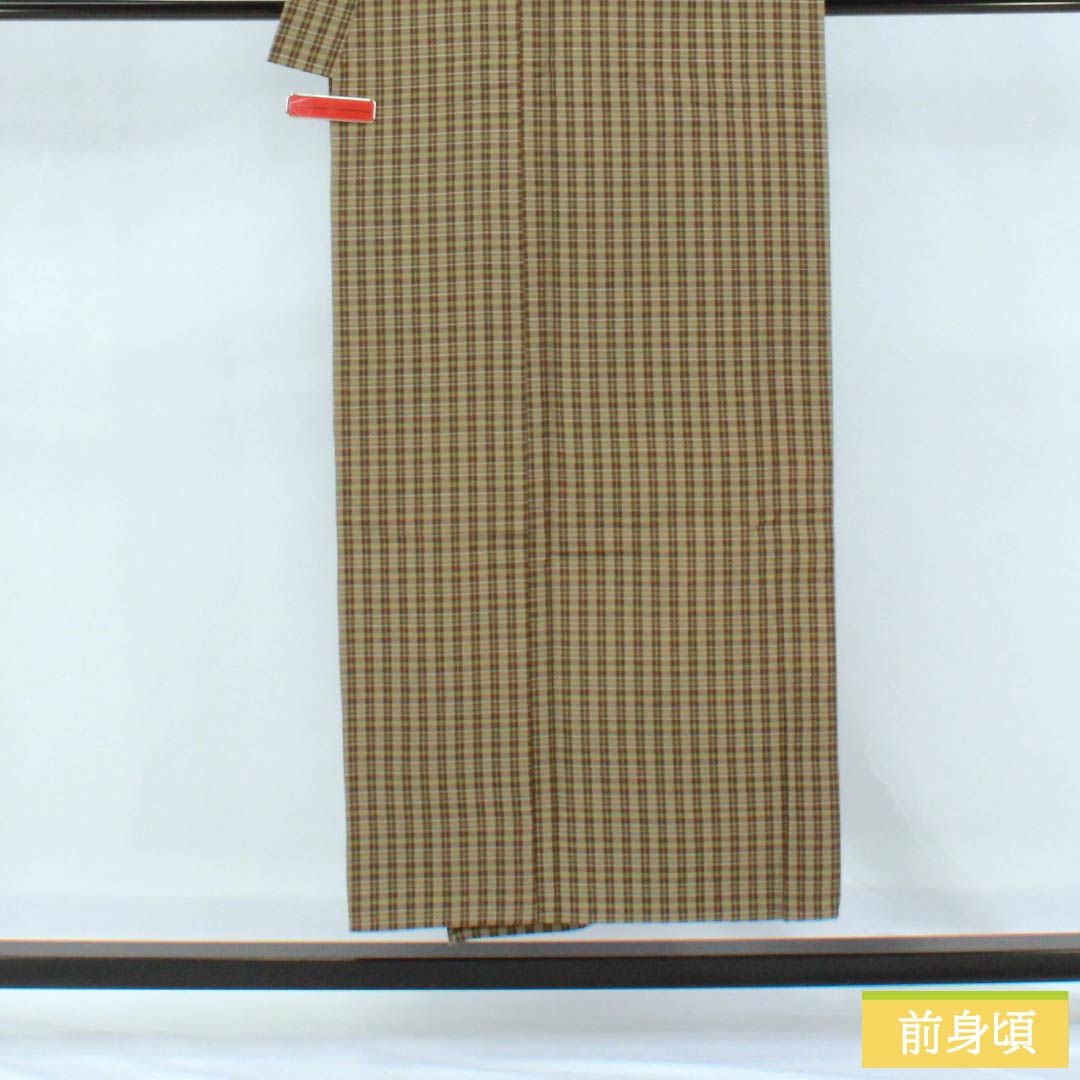 男物 木綿 Sランク 身丈148.5cm 裄丈68cm  利休生壁色（りきゅうなまかべいろ） 憲法茶色（けんぽうちゃいろ） チェック柄 内ポケット付き 単衣 緑系 1119001092419