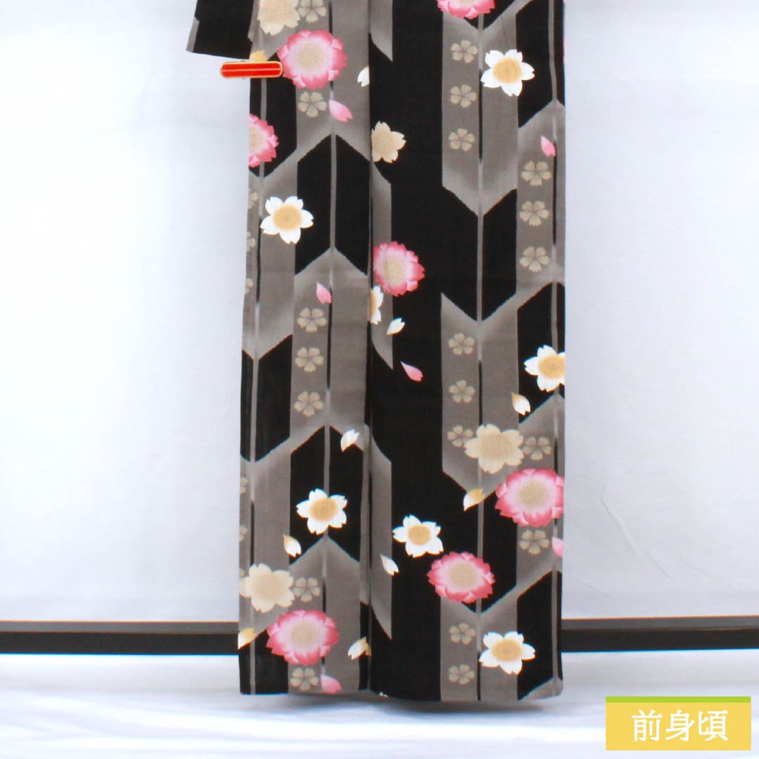浴衣 木綿 身丈163cm 裄丈68.5cm Sランク 単衣 グレー系 素鼠色（すねずいろ） 桜 1118005502422