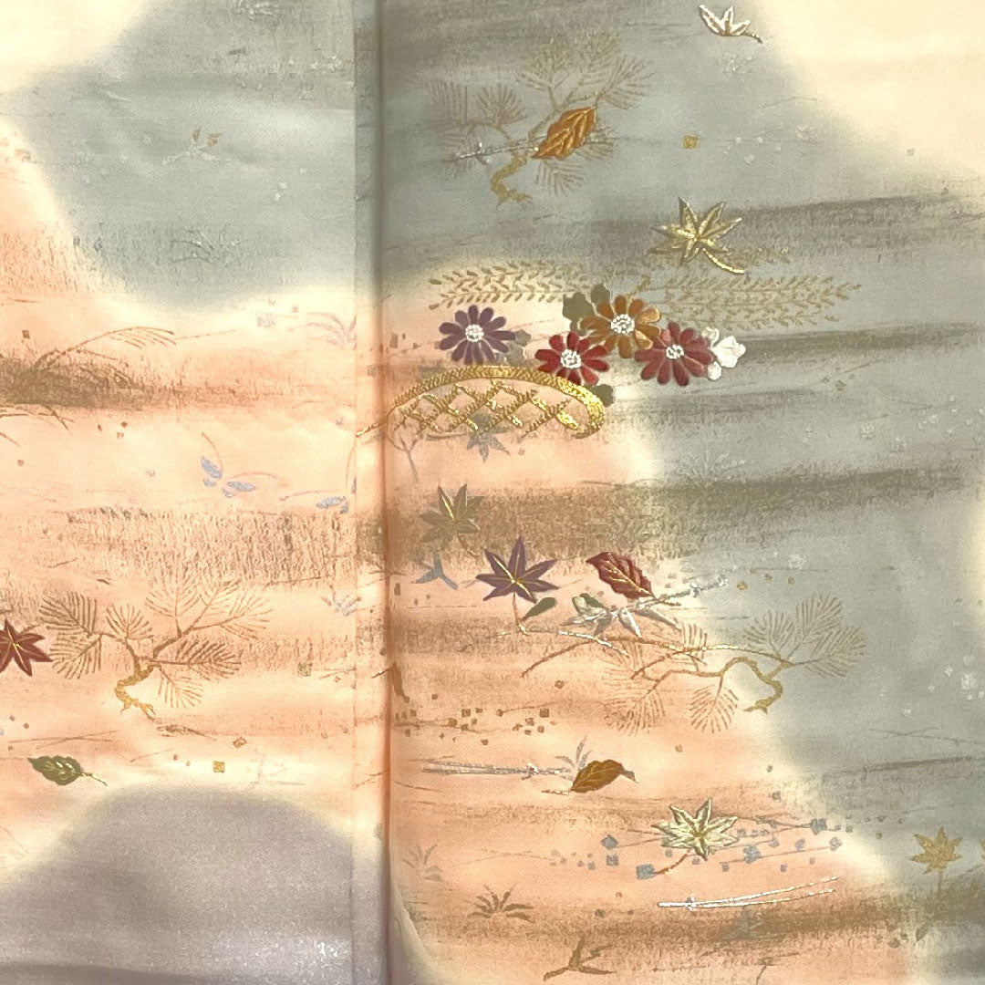 訪問着 袷 身丈162cm 裄丈64cm 肌色 京友禅 刺繡 草花模様 正絹 Bランク クリーム系 1112001614415