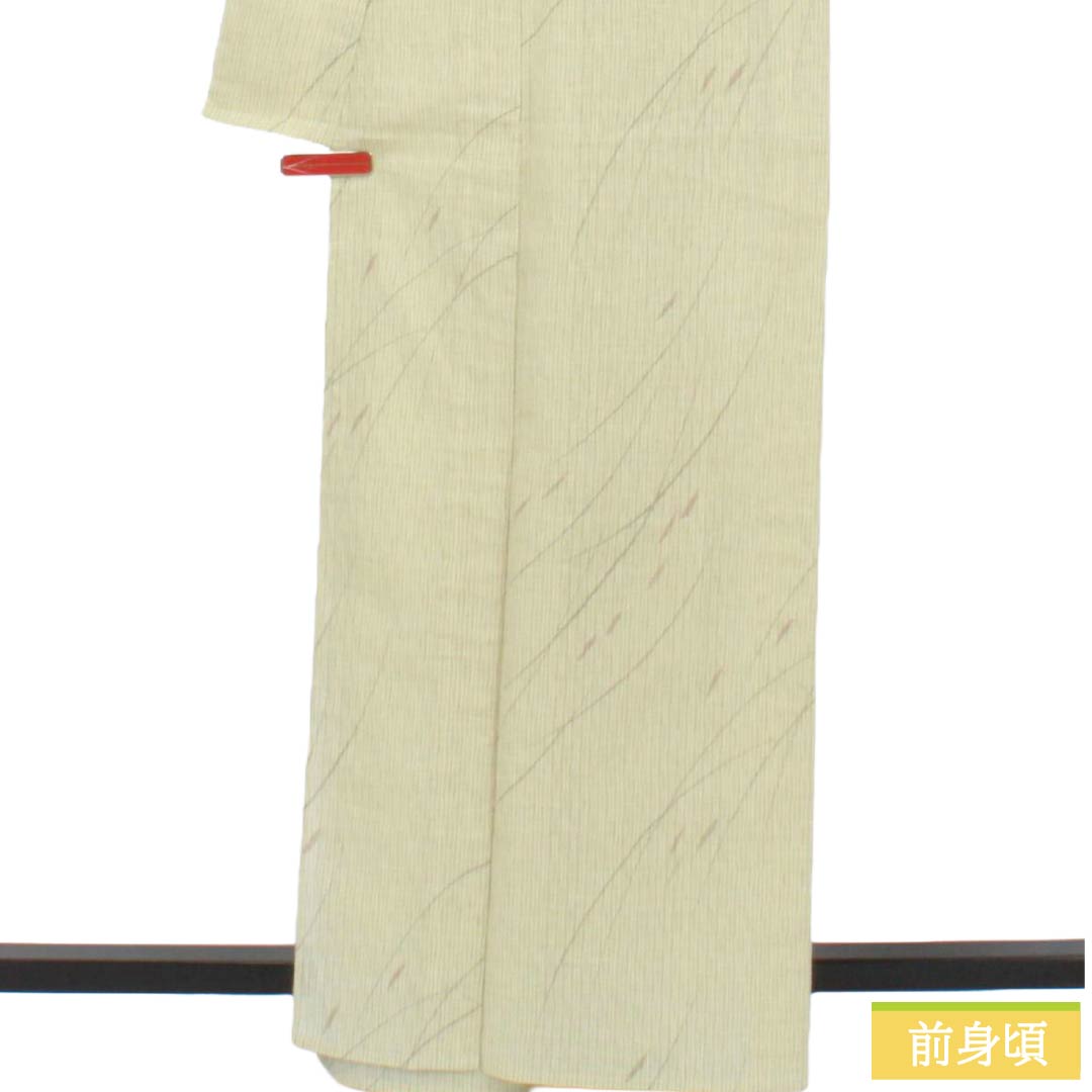 夏物 ポリエステル 紬 Aランク 身丈163.5cm 裄丈67cm 利休白茶色（りきゅうしらちゃいろ） 縮 洗える着物 抽象模様 紗 黄系 1132005593423