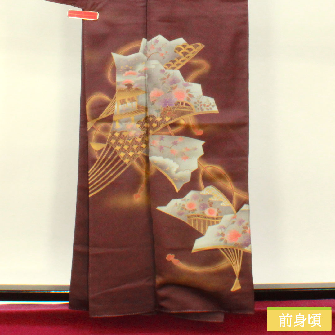 Homongi, pure silk, lined, length 160cm, sleeve length 64cm, purple, Kyoto Yuzen, fan, auspicious motif, S rank, purple, 1112004282420