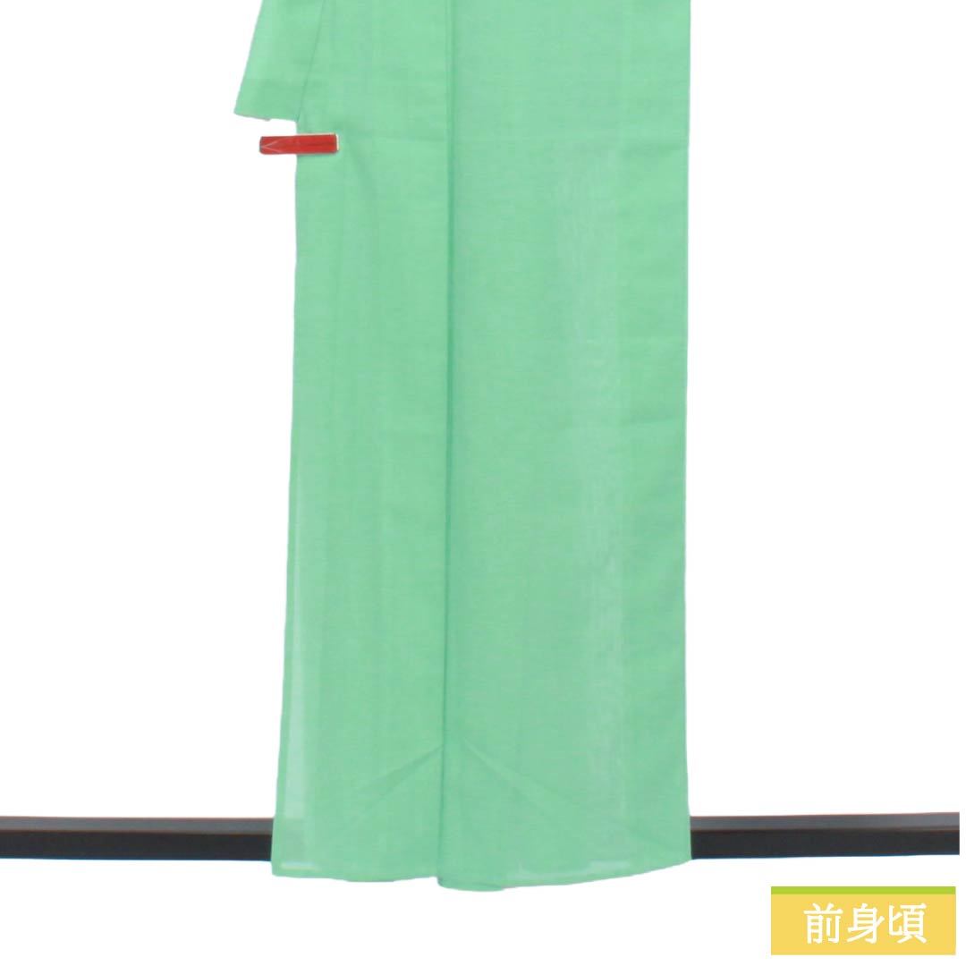 夏物 ポリエステル 色無地 Sランク 身丈157cm 裄丈62.5cm 青浅緑色（あおあさみどりいろ） 洗える着物 素無地 絽 緑系 1132004232319