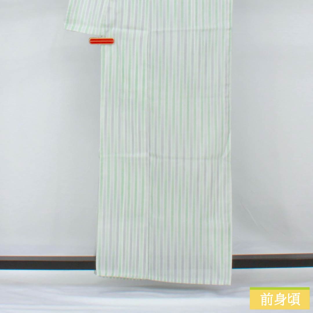 夏物 ポリエステル 小紋 身丈161cm 裄丈64.5cm 縞 洗える着物 絽 Sランク 白系 1132001922411