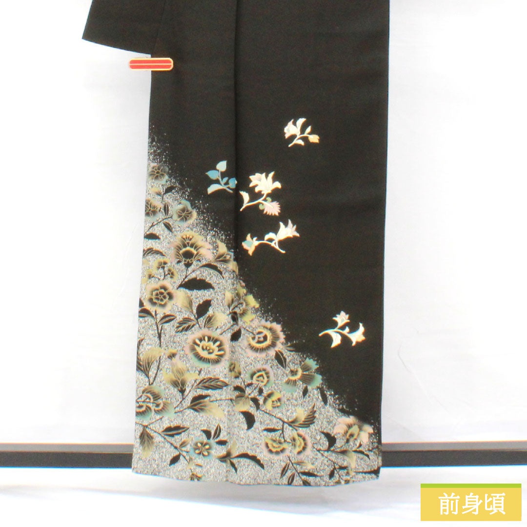 Homongi, pure silk, lined, length 158cm, sleeve length 62.5cm, Kyoto Yuzen, floral pattern, A rank, black, 1112005613310