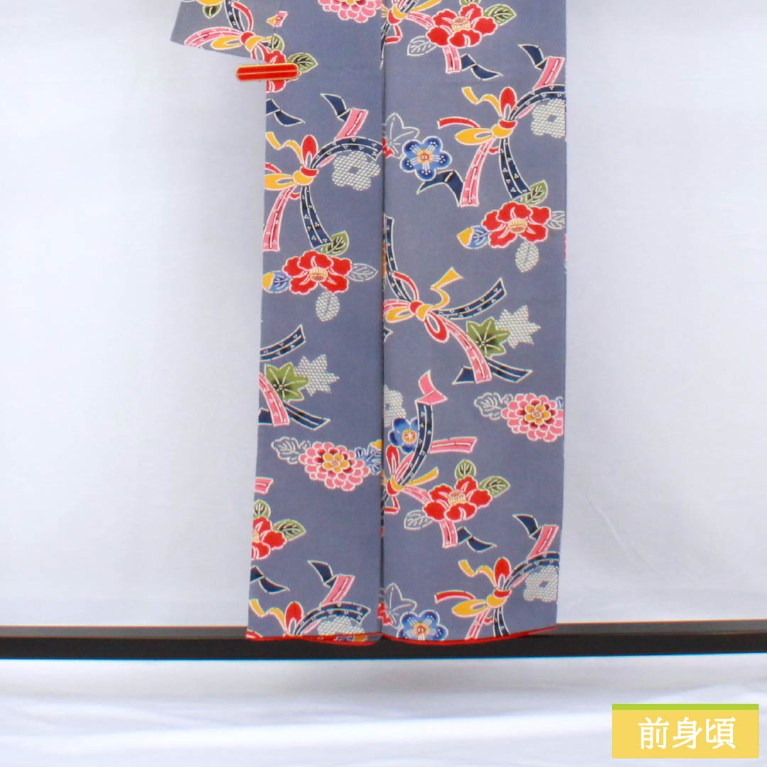 小紋 正絹 身丈152.5cm 裄丈62cm 袷 江戸納戸色（えどなんどいろ） 型染 紅型調 熨斗 椿 Bランク 青系 1115005604217