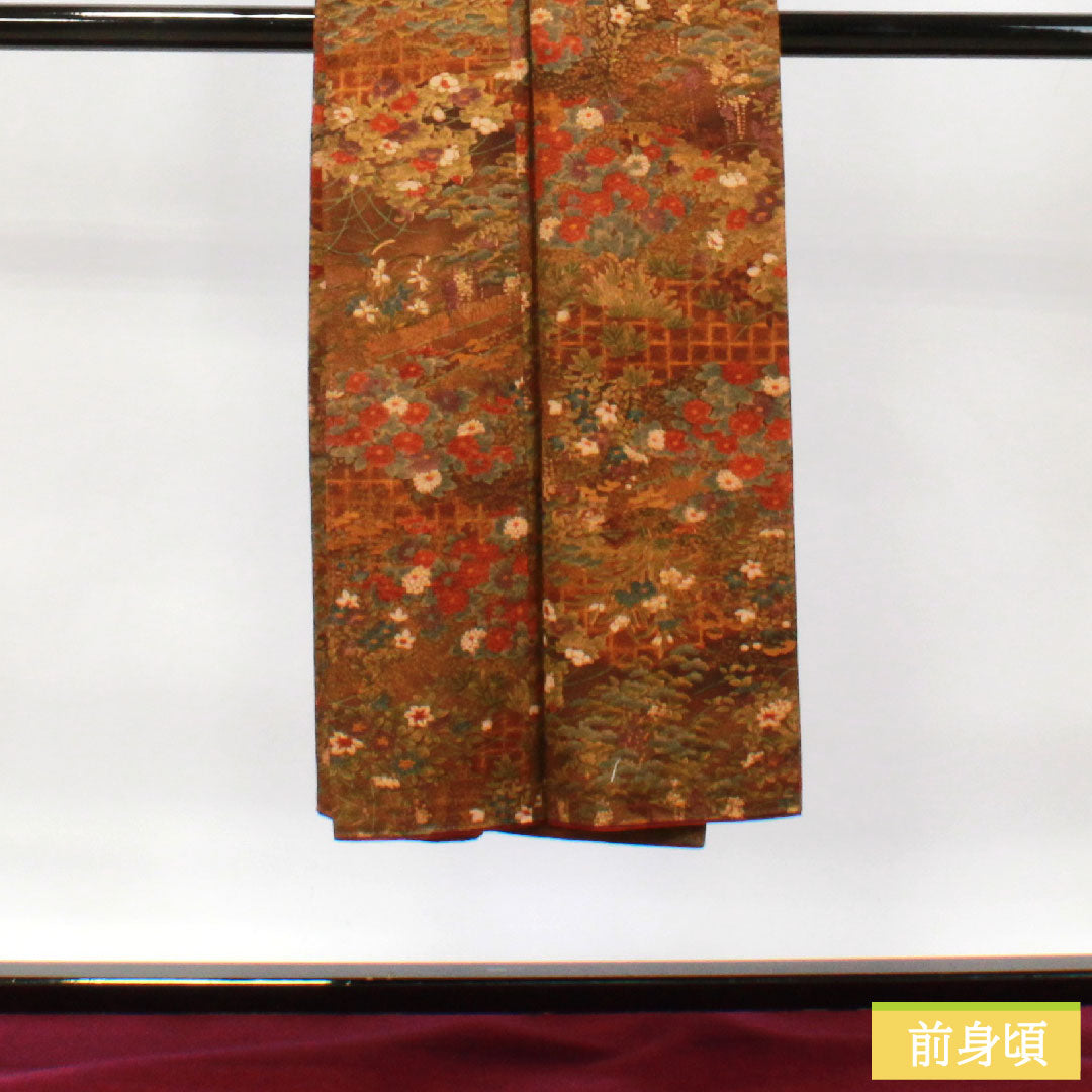Komon, pure silk, length 140cm, sleeve length 60.5cm, lined, dark brown, floral pattern, basting thread included, unused, S rank, brown, 1115003732114
