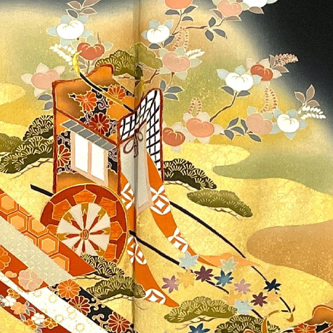 Black formal kimono, length 161.5cm, sleeve length 64cm, lined, Kyoto Yuzen, Imperial carriage, quince, pure silk, S rank, five crests, black, 1111000272410