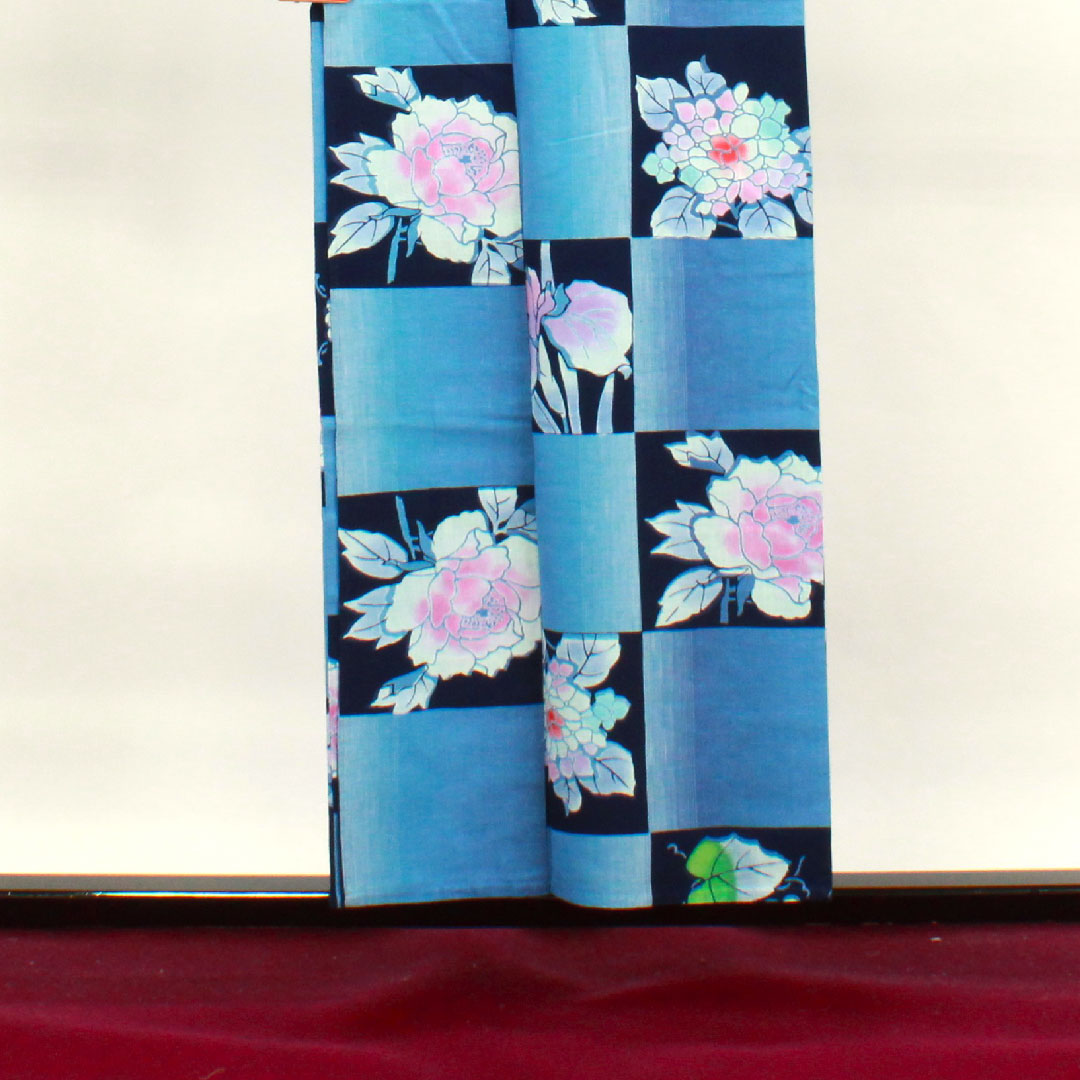 浴衣 市松 紫陽花 葡萄 木綿 Sランク 単衣 身丈153cm 裄丈65cm グラデーション系 1118003052299