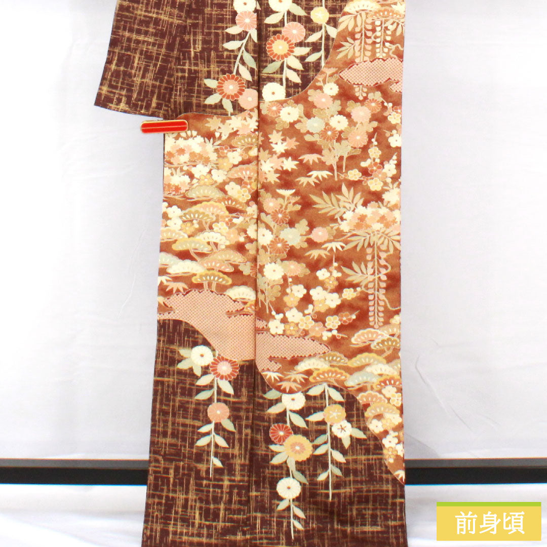 Homongi, pure silk, lined, length 170.5cm, sleeve length 63.5cm, black and red plum color, Kyoto Yuzen, pine, bamboo, plum, chrysanthemum, S rank, brown, 1112004982614