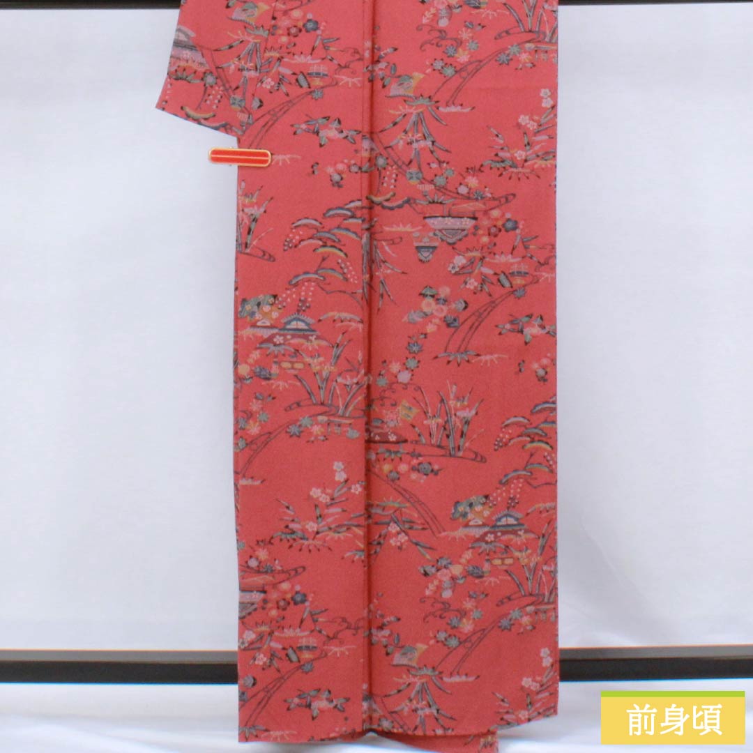小紋 正絹 Aランク 身丈162cm 裄丈64cm 袷 祭紅色（さいこういろ） 茶屋辻 松竹梅 型染 赤系 1115006883412