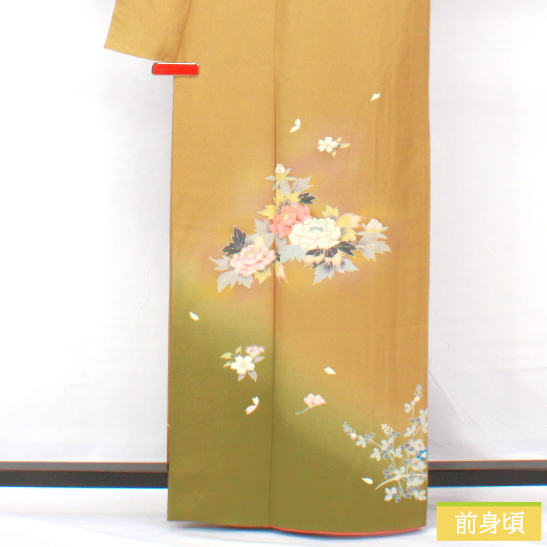 訪問着 正絹 袷 身丈163.5cm 裄丈63.5cm 黄土色（おうどいろ） 京友禅 草花模様 Aランク 黄系 1112005683423