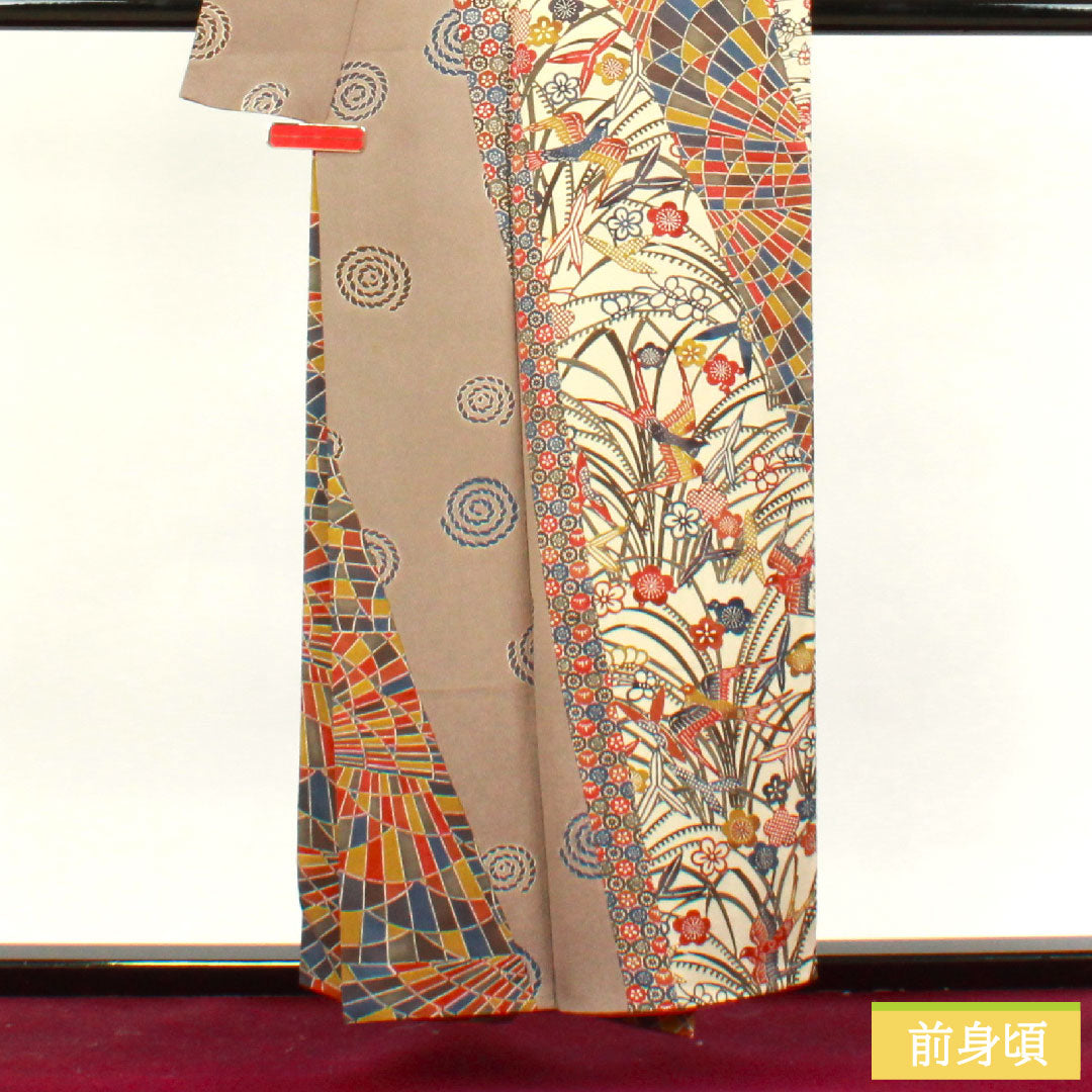 小紋 正絹 身丈154.5cm 裄丈64cm 袷  壁鼠色 京紅型 抽象模様   Aランク グレー系 1115003513222