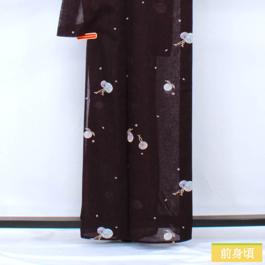 夏物 ポリエステル 小紋 身丈162cm 裄丈66cm 紫黒色（しこくしょく） 小花 鈴 洗える着物 紗 Sランク 紫系 1132002332420