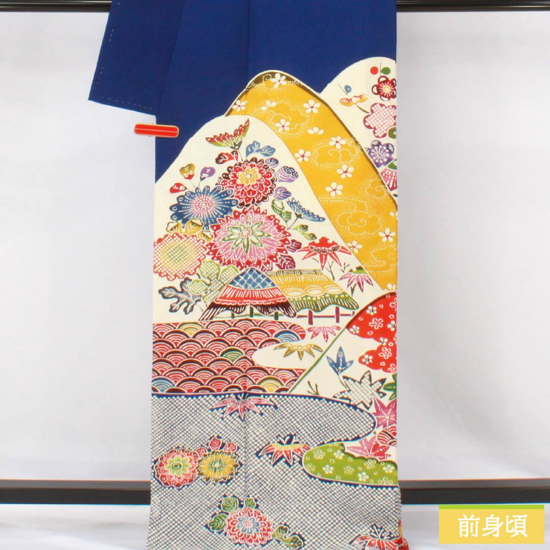 訪問着 正絹 Bランク 袷 身丈167.5cm 裄丈64.5cm 瑠璃色（るりいろ） 京紅型 紅型調 風景模様 半衿付き 青系 1112006684517