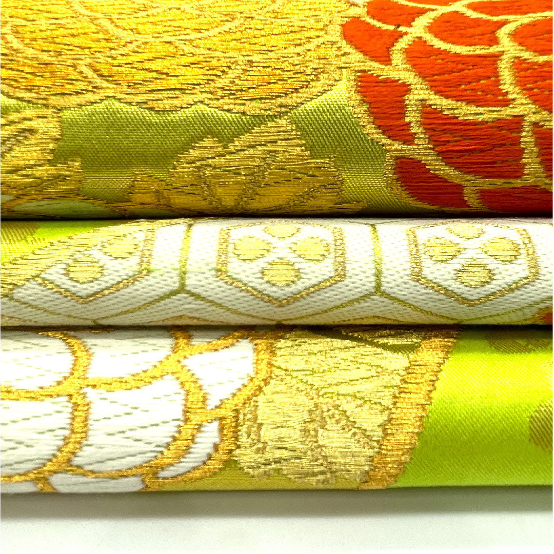 袋帯 菊 振袖用 亀甲 やまとオリジナル 帯丈424cm 正絹 Aランク 六通 フォーマル 緑系 1123003413319