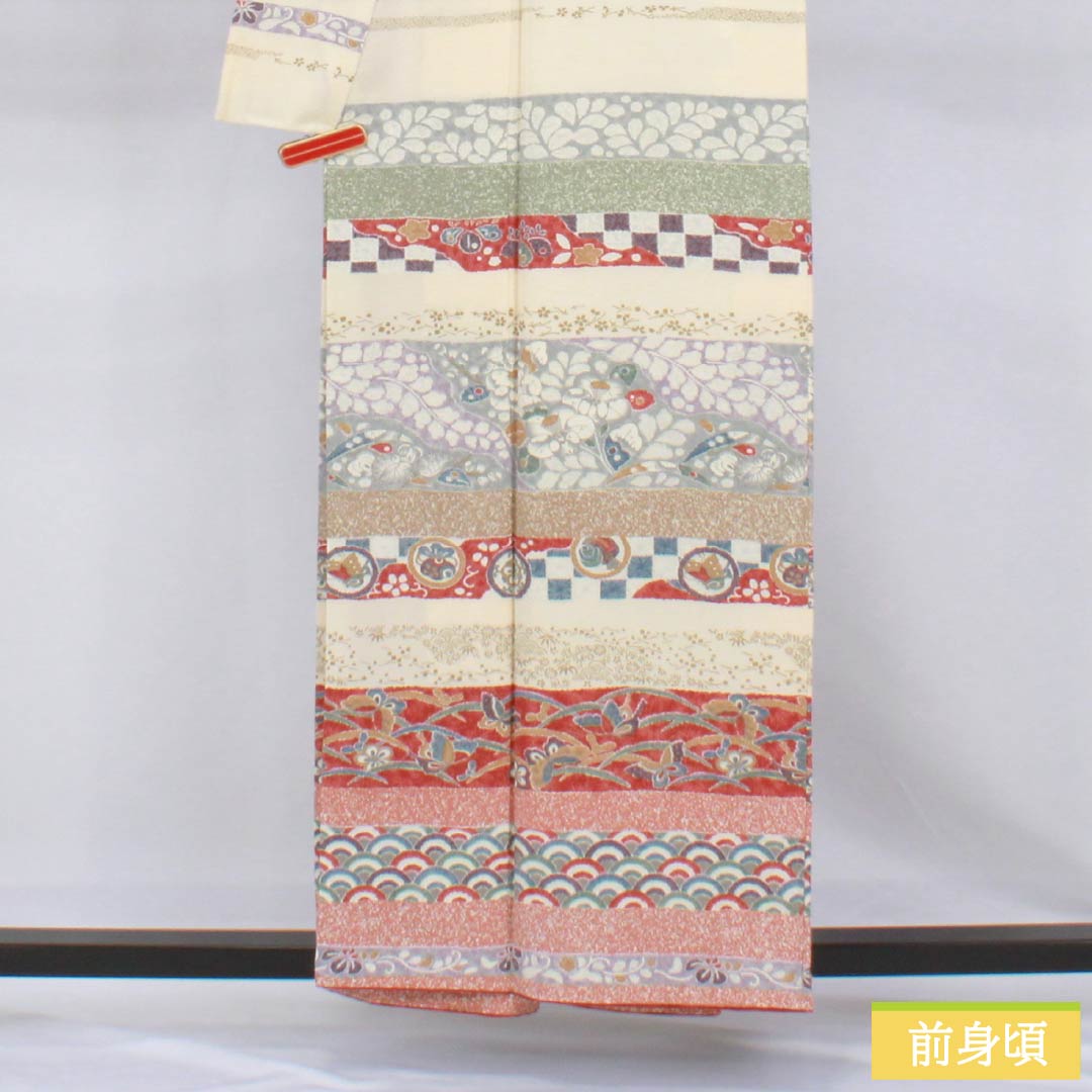訪問着 正絹 Sランク 袷 身丈156.5cm 裄丈63.5cm 練色（ねりいろ） 京友禅 横段 古典柄 クリーム系 1112007712315