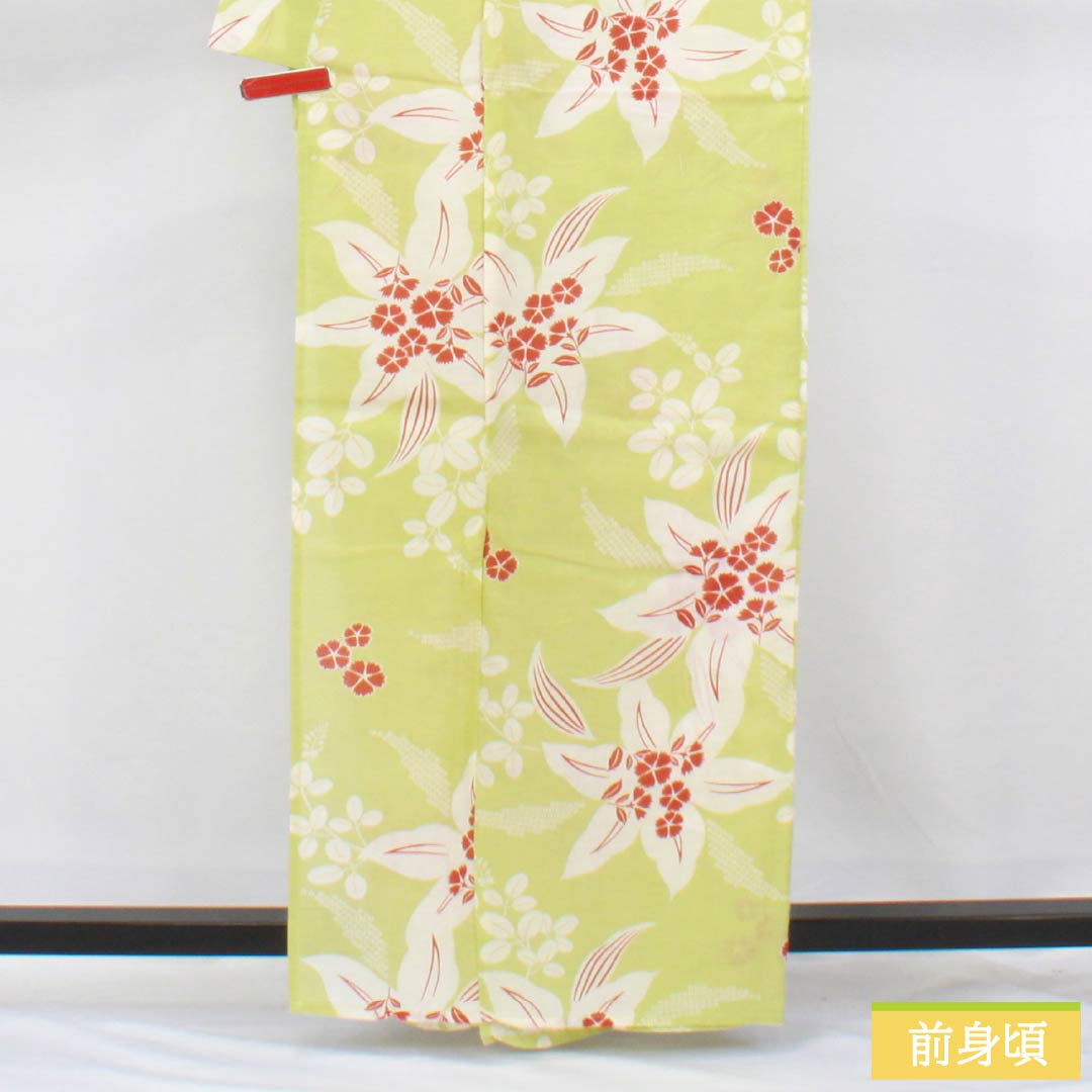浴衣 木綿 身丈161.5cm 裄丈66cm Sランク 単衣 緑系 若芽色（わかめいろ） 百合 秋桜 1118006382419