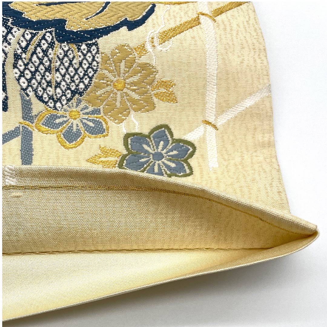 袋帯 薄卵色（うすたまごいろ） 華文 花菱 岡文織物 帯丈434cm 正絹 Sランク 六通 フォーマル クリーム系 1123006752315