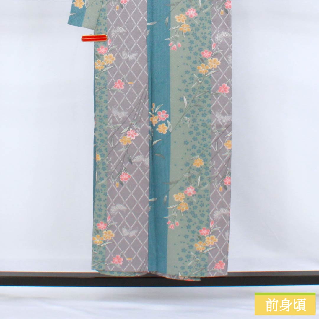 小紋 ポリエステル Sランク 身丈152cm 裄丈63.5cm 単衣 型染 草花 蝶 洗える着物 グラデーション系 1115007782299